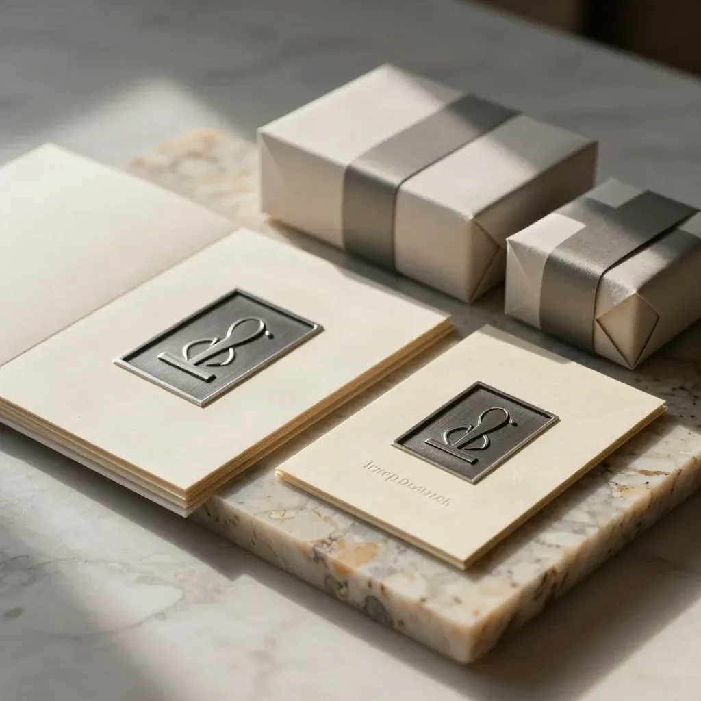Placche logo, stationery goffrata e scatole consegna su pietra chiara, luce calda.