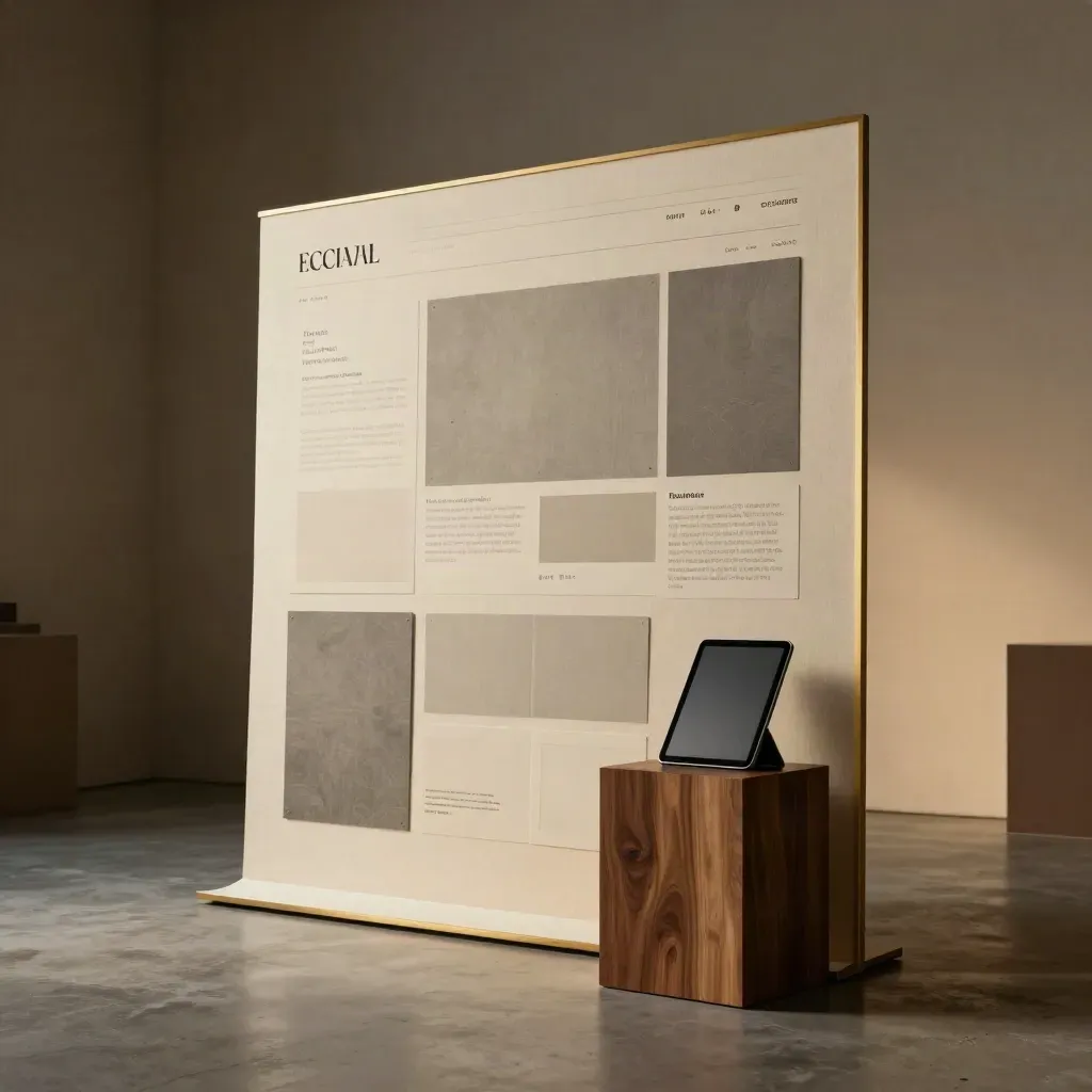 Tavola editoriale, tablet rivolto via e moduli grafici in uno studio minimale con luce dorata.