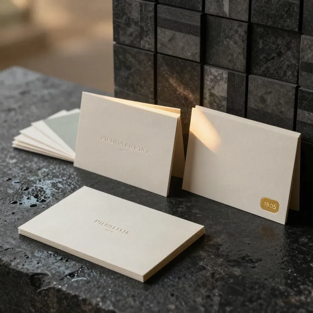 Installazione premium di branding con carte goffrate, mockup packaging e campioni su pietra bagnata.