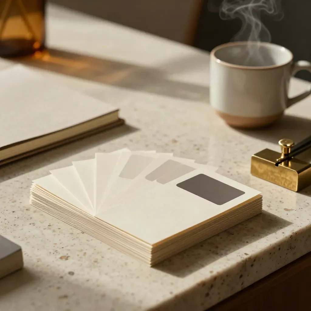 Angolo strategia di marca con carte, chip tono, taccuino chiuso, tazza in ceramica e fermacarte.