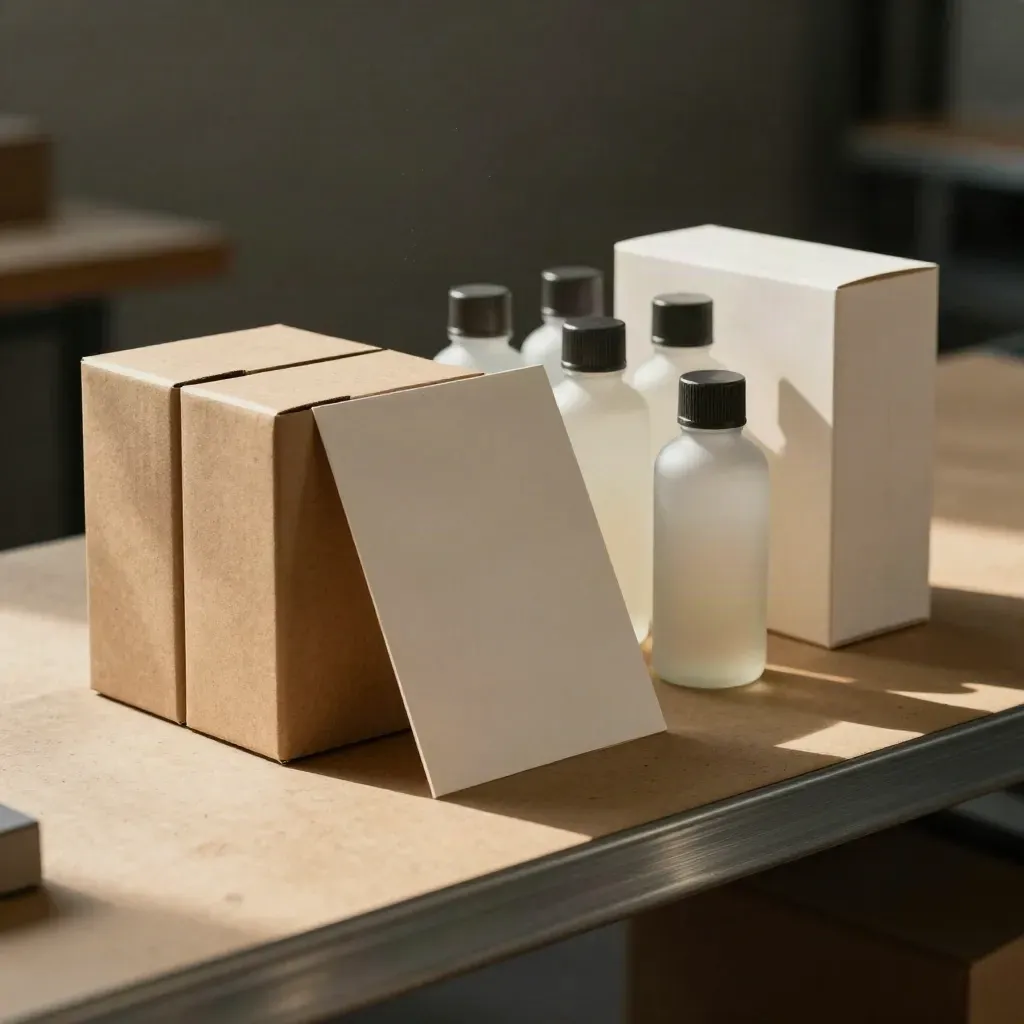 Cartoni, flaconi campione e fustelle packaging allineati su un banco, in luce morbida.