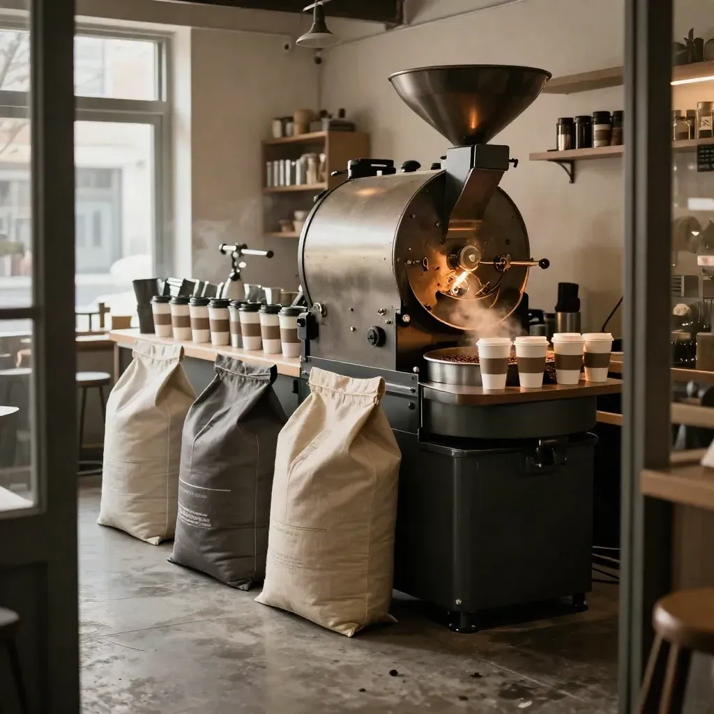 Interno di una torrefazione di quartiere con sacchi di caffè, tazze e tostatrice illuminata dalla luce calda.