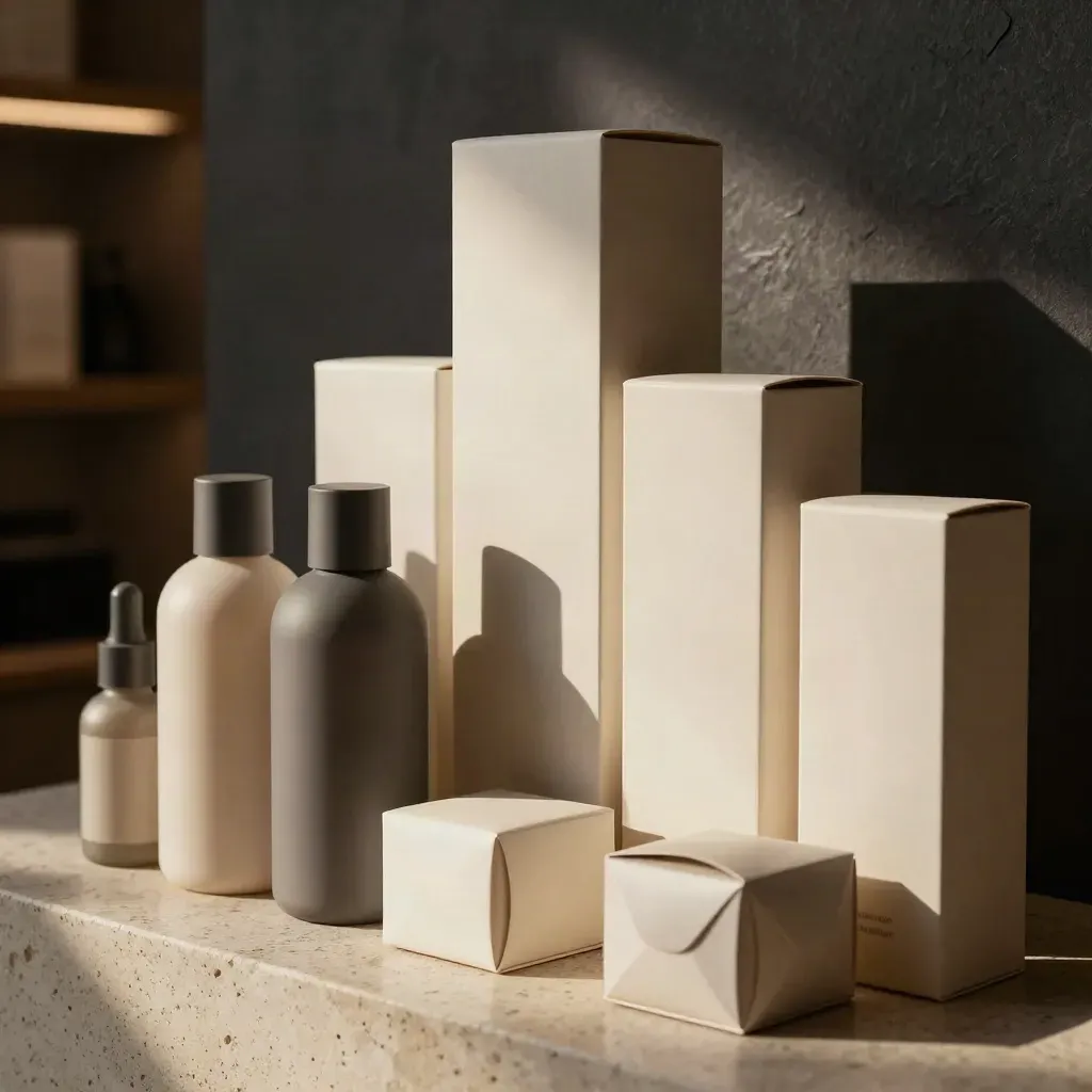 Linea skincare ordinata su pietra chiara, flaconi e cartoni eleganti in luce cinematografica.