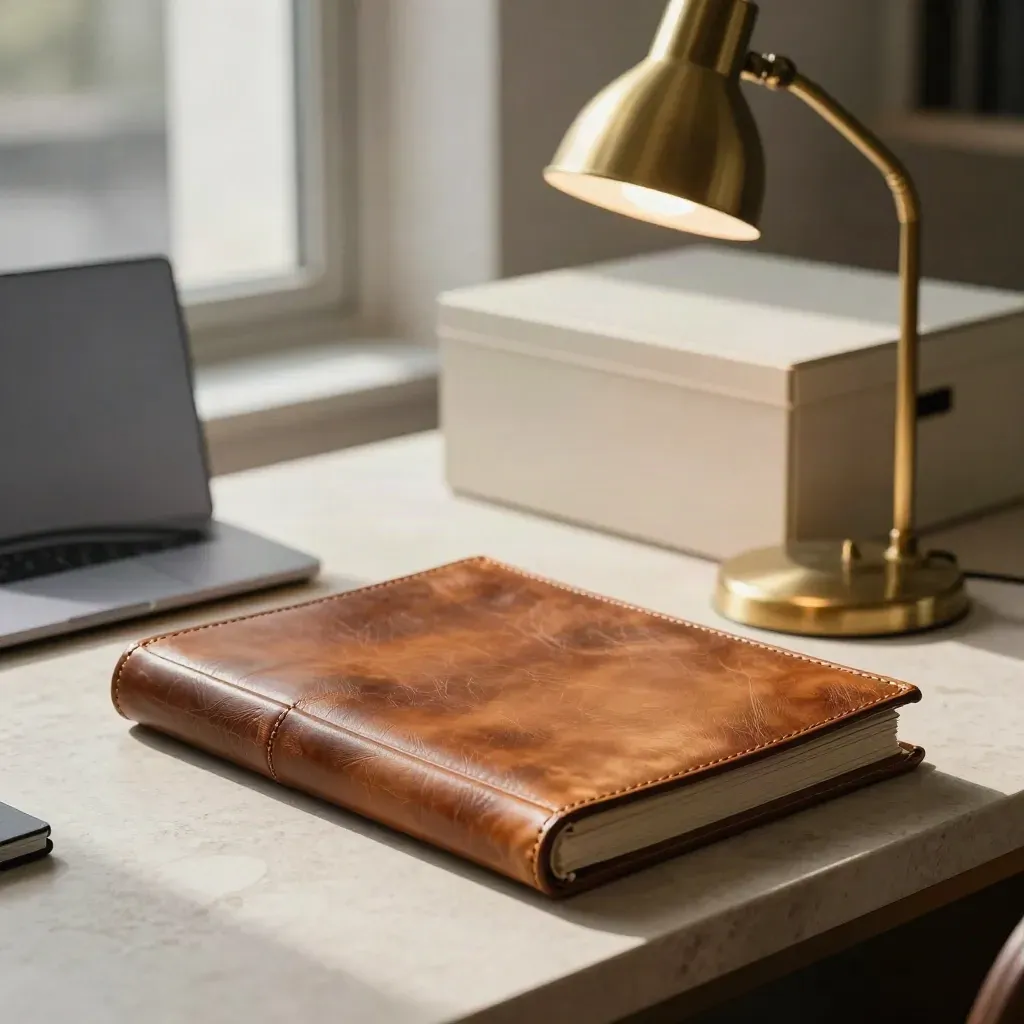 Angolo di studio legale con dossier in pelle, laptop chiuso e lampada in ottone su pietra.