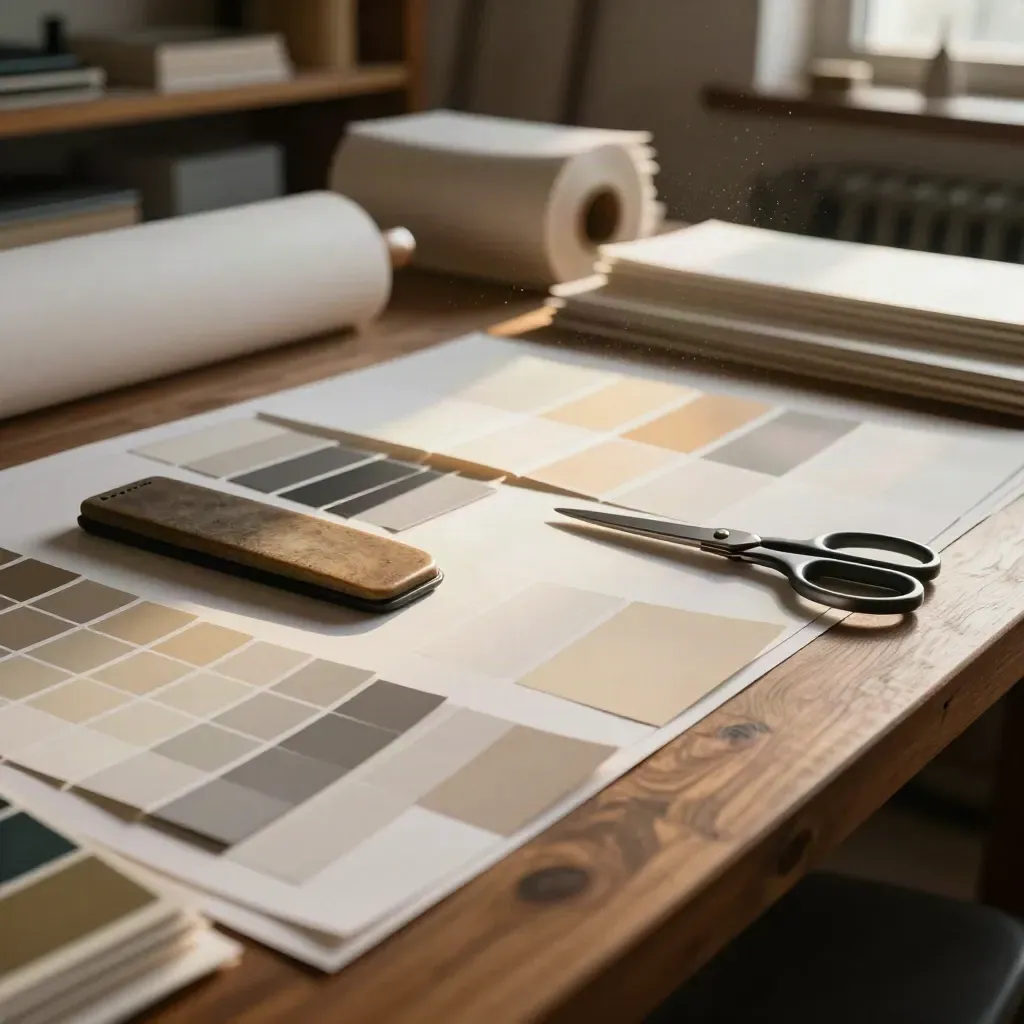 Campionari colore, forbici e piegacarta su banco in atelier tipografico, luce drammatica