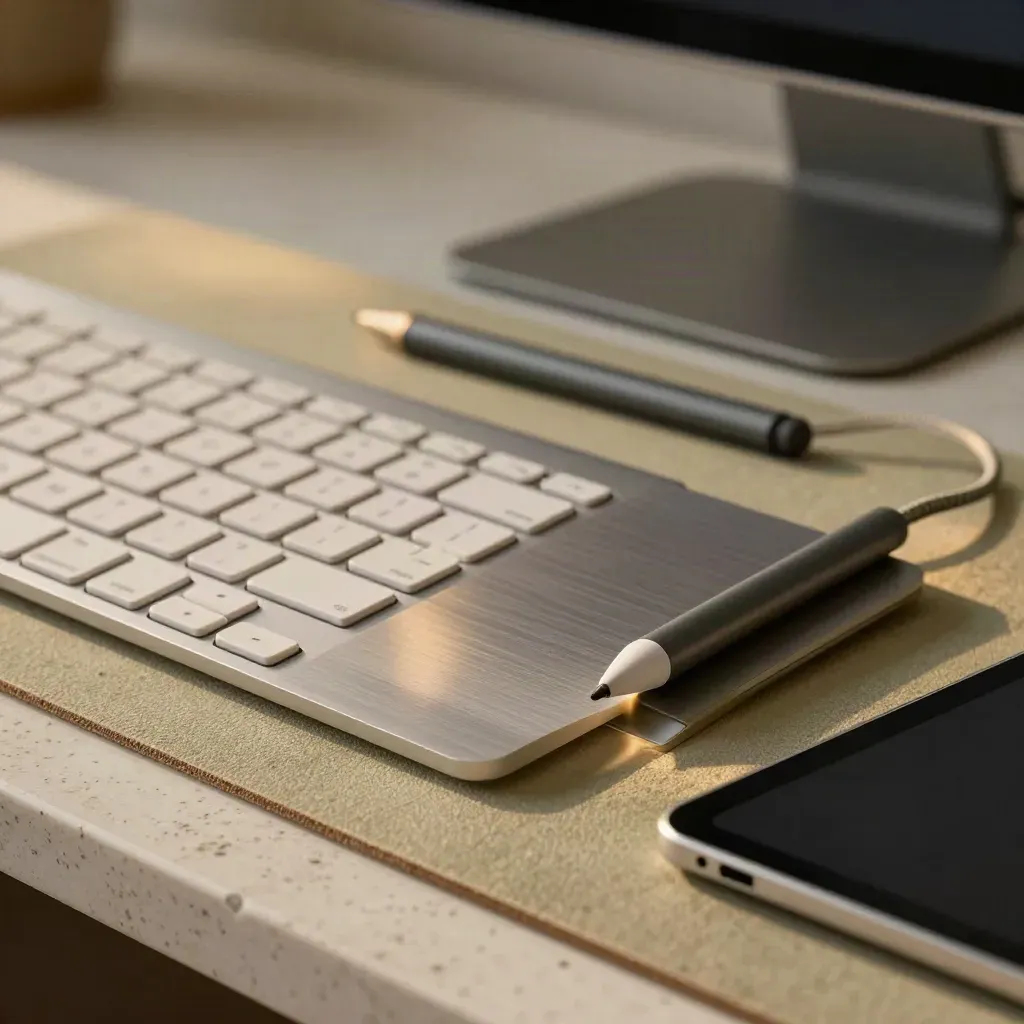 Dettaglio ravvicinato degli strumenti di un web designer su una superficie chiara.