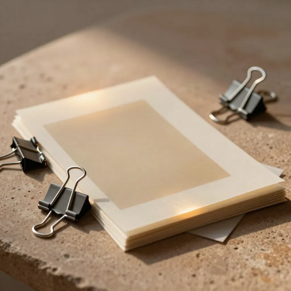 Still life editoriale con overlay in acetato, prove colore e graffette su pietra taupe.