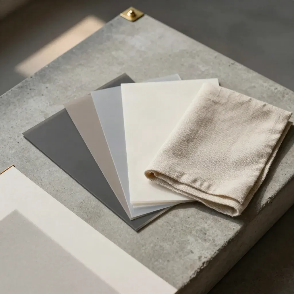Flatlay di campioni colore, acetati traslucidi e tessuto piegato su pietra chiara.