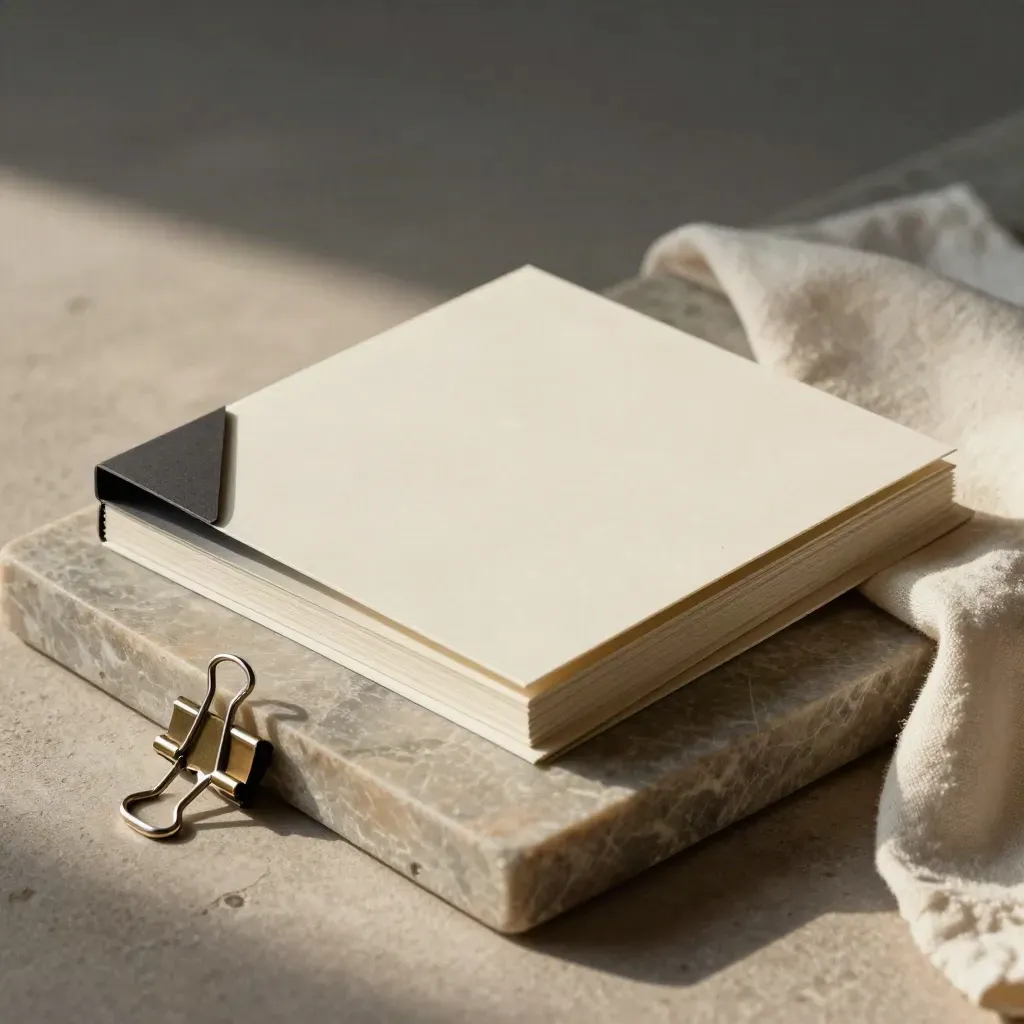 Mockup di packaging e strisce prova su vassoio in pietra, luce morbida e toni neutri.
