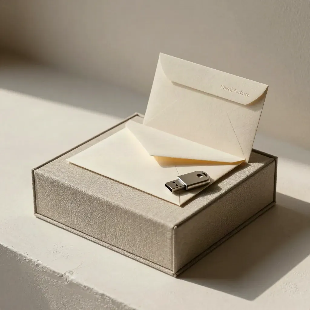 Scatola di lino, busta sigillata, chiavetta USB e card sleeve su fondo avorio.