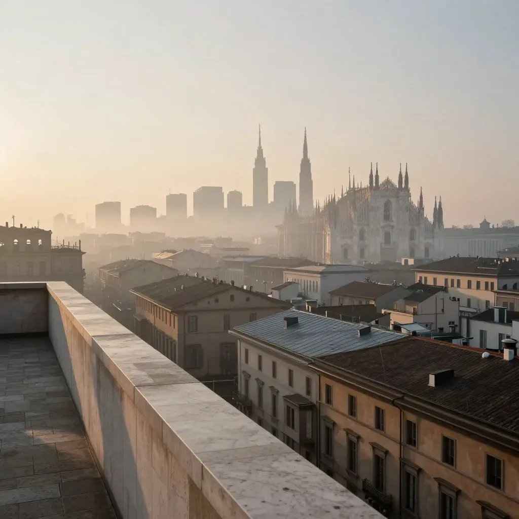 Milano all’alba tra tetti sfumati e il Duomo alto nella foschia
