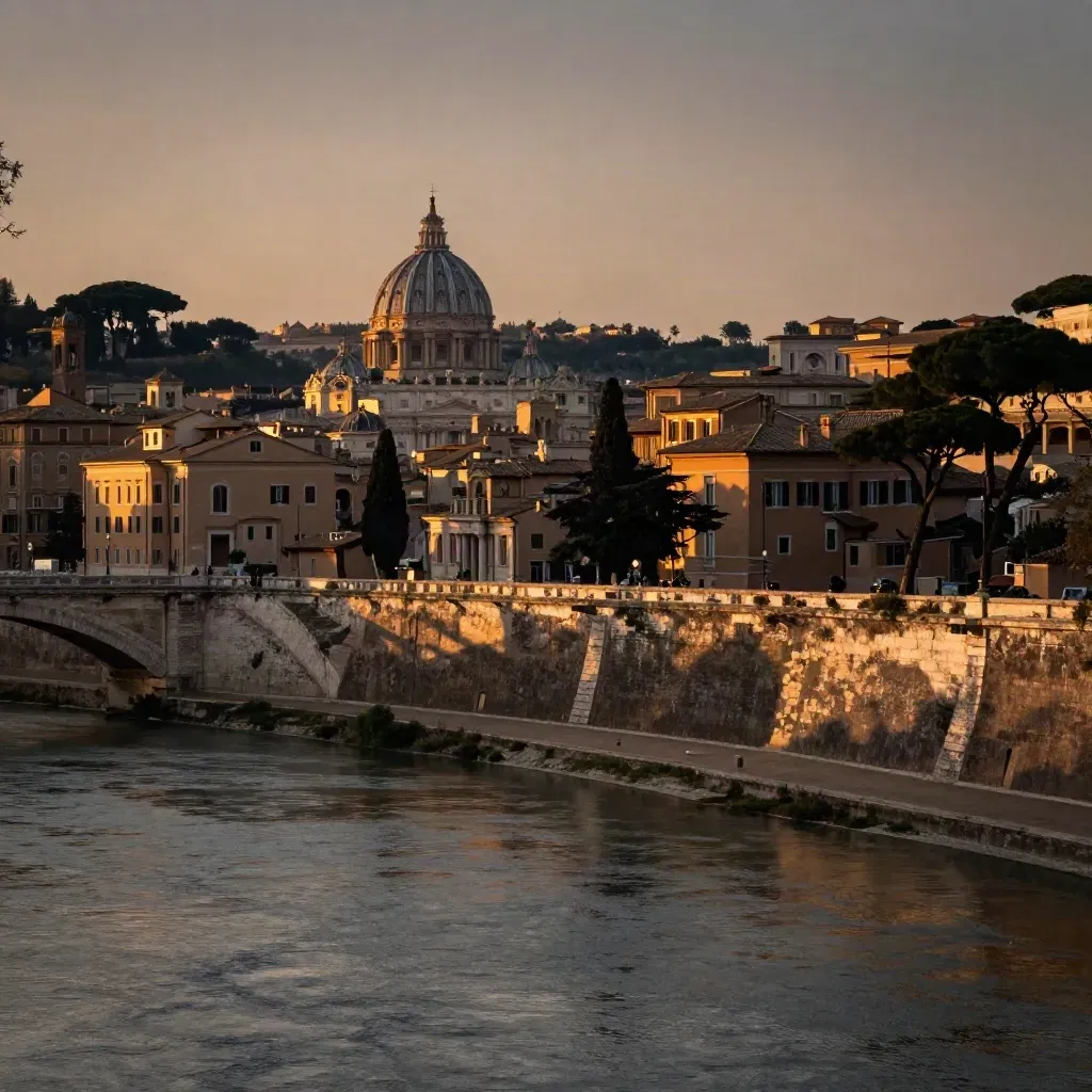 Roma al tramonto con cupole, tetti in travertino e fiume in primo piano.