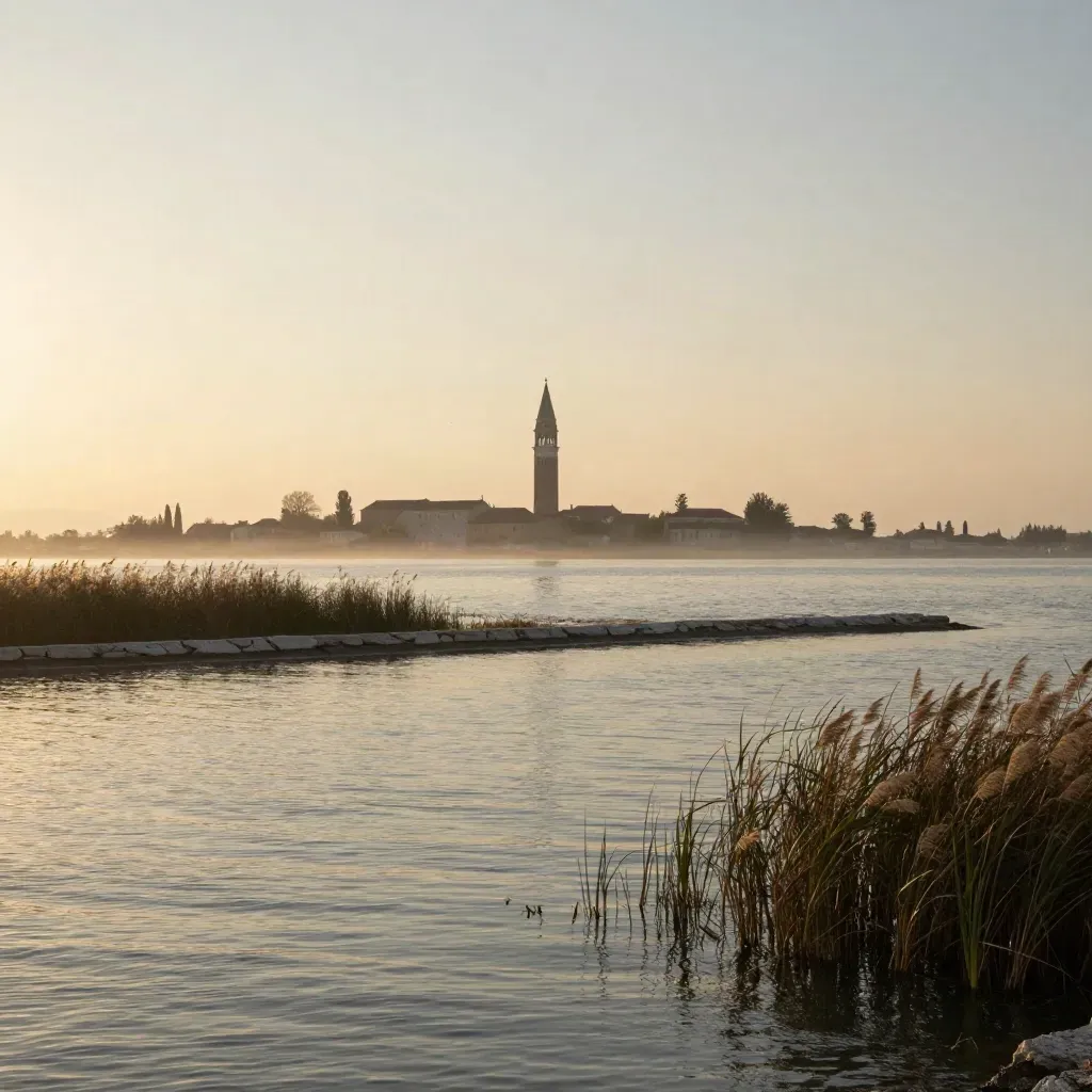 Campanile lontano sulla laguna veneta al tramonto, acqua riflettente e nebbia dorata.