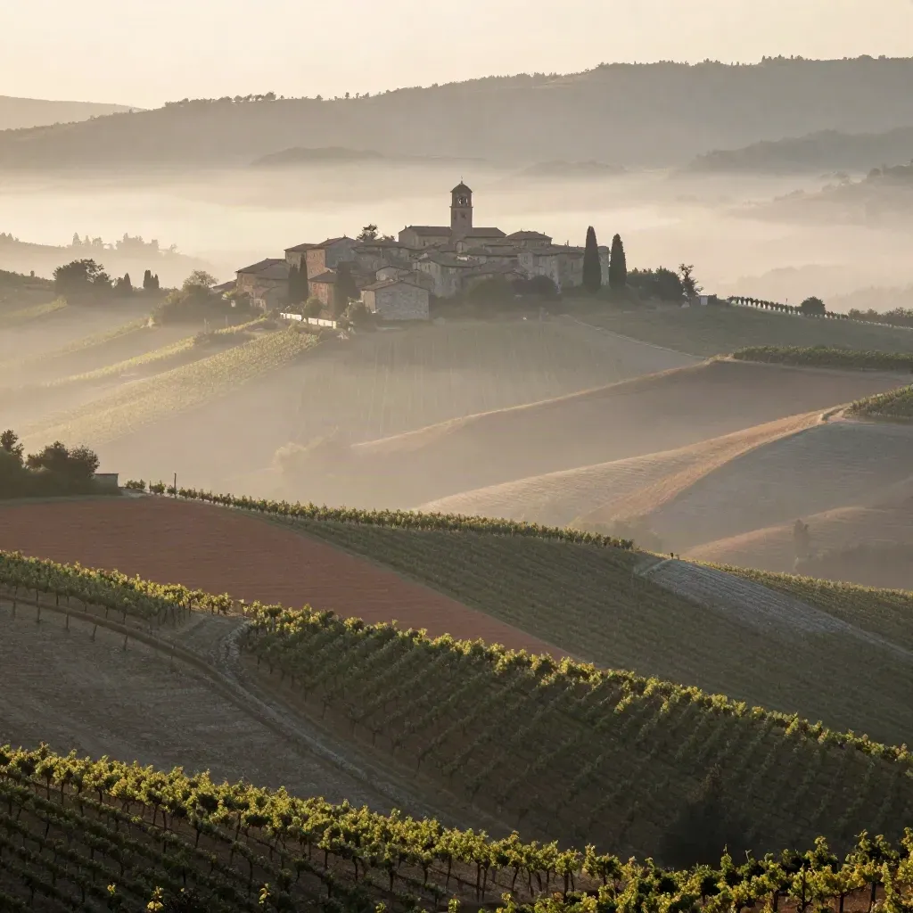 Langhe all’alba con nebbia, vigneti e un borgo in cima alla collina.